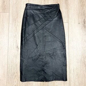 Vintage Vickie Leather Black Genuine Leather Paneled Midi Pencil Skirt 5 25‎ XS